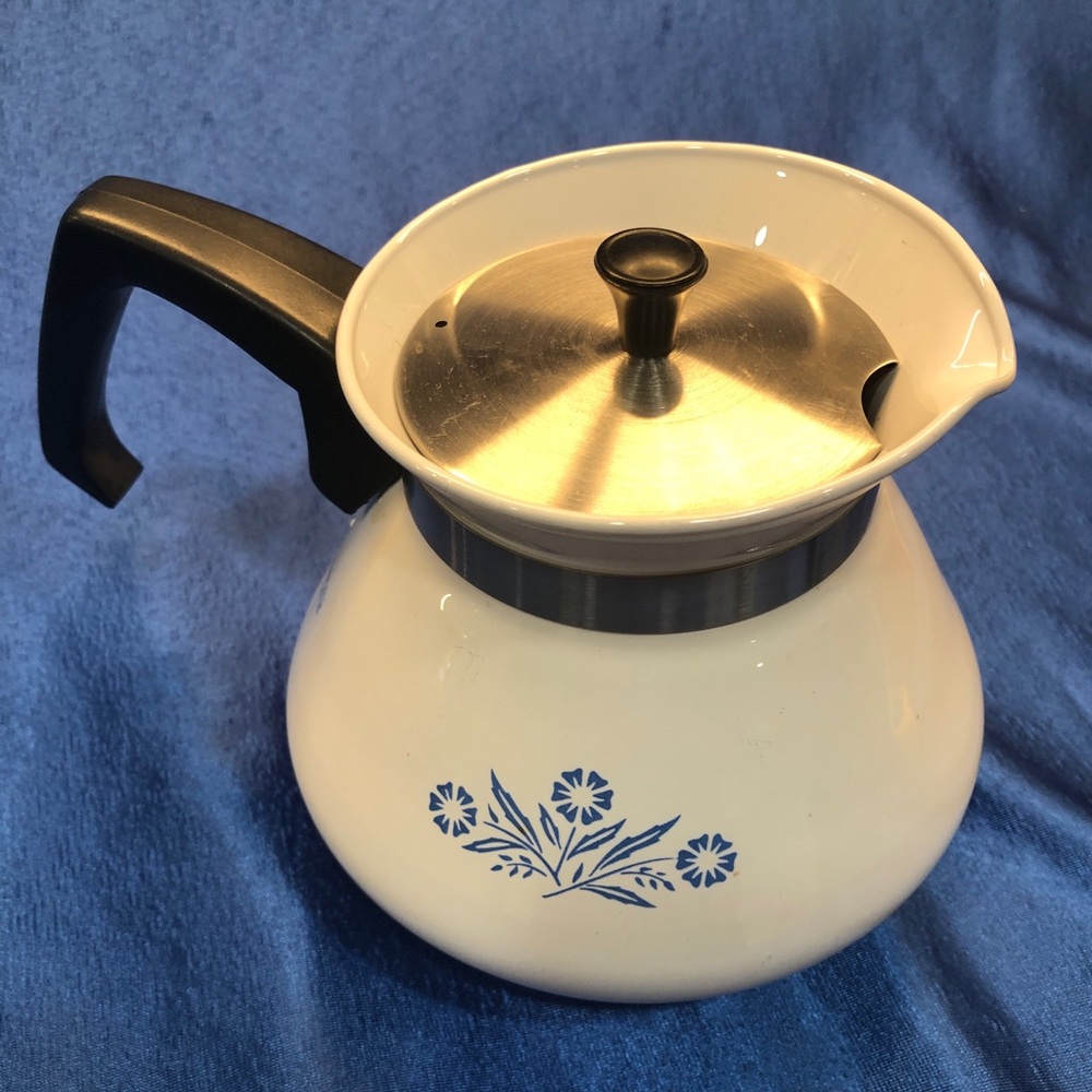 Corningware White Coffee Pot with Blue Floral Design